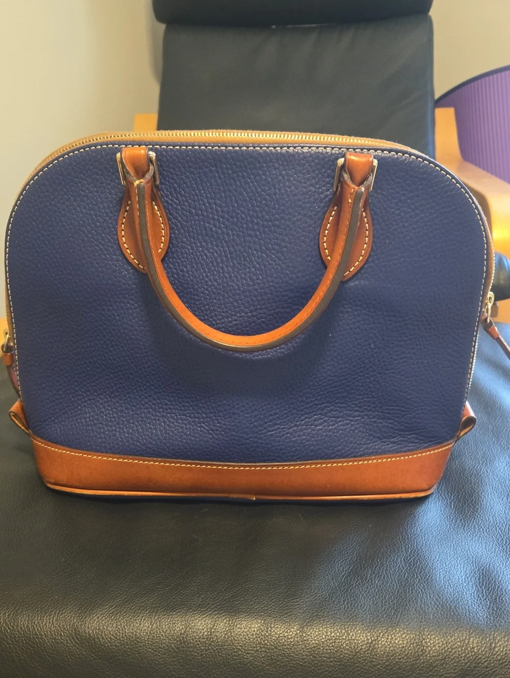 Dooney & Bourke Navy Blue Leather Satchel with Brown Trim and Handles